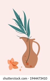 Poster, hand drawn minimal composition, contemporary boho style, vase, branch leaves, plants, abstract shapes in transparent green, orange, brown colors