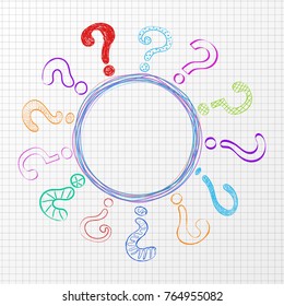 Poster with hand drawn question marks on white checked paper. Vector.