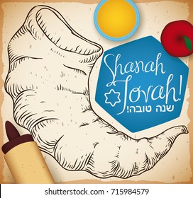 Poster with hand drawn shofar horn and traditional elements for Rosh Hashanah (Jewish New Year): scroll, honey jar, apple and greeting message for good new year (or "Shanah Tovah", written in Hebrew).