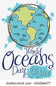 Poster in hand drawn style with Earth planet, waves and marine fauna for World Oceans Day in June 8.