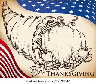 Poster in hand drawn style with a traditional cornucopia with harvest season vegetables over a U.S.A. flag designs for Thanksgiving Day celebration.