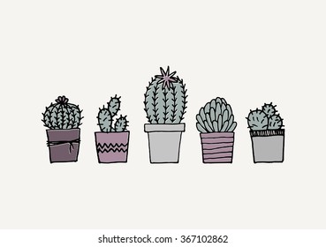 Poster with hand drawn succulent plants in pastel colors.
