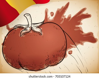 Poster with hand drawn tomato with squished effect in watercolor and a Spain flag for Tomatina event.