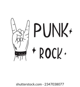 Poster with hand gesture and inscription punk rock. Vector illustration in doodle style for your design