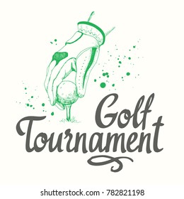 Poster with hand of golfer and golf ball. Vector set of hand-drawn sports equipment. Illustration in sketch style on white background. Brush calligraphy elements for your design. Tournament.