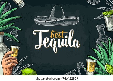 Poster with hand holding glass, bottle, salt, agave, lime whole and slice. Best Tequila lettering Vintage color and white vector engraving illustration on dark background.