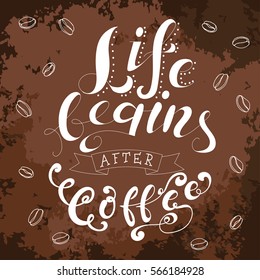 Poster with hand lettering. Quote for card design. Ink illustration. Life begins after coffee