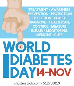 Poster with hand with pricked finger and some precepts for World Diabetes Day to promote the awareness of this disease.