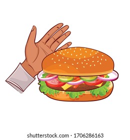 A poster with a hand refusing a hamburger. Stop fast food nutrition. Hand stop improper nutrition.