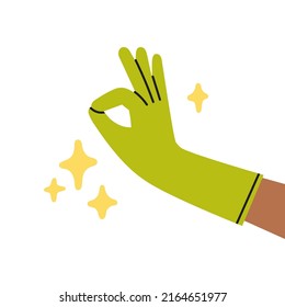 Poster with hand in rubber glove which is showing a sign - it's ok. Dish wash, house cleaning, disinfection. Protection of hands from household chemicals.
Colorful hand drawn vector illustration.