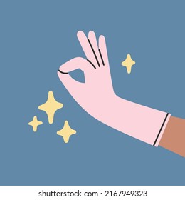 Poster with hand in rubber glove which is showing a sign - it's ok. Dish wash, house cleaning, disinfection. Protection of hands from household chemicals.
Colorful hand drawn vector illustration.