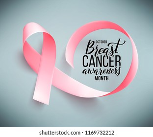 Poster with handdrawn lettering. Realistic pink ribbon. Symbol of breast cancer awareness month in october. Vector illustration.