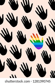 Poster with hands. The flag of the spectrum of pride, homosexuality, the emblem of equality. Parades event announcement banner, poster typographic vector design.