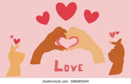 poster of hands in heart gesture. hands form a heart shape. the concept of love and multinationality. different nations together. valentines day festive decorations. vector flat