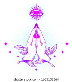 Poster hands in pray and shinig eye, symbol of faith and self-knowledge, can be used for  Christianity, trendy colors, vector illustration