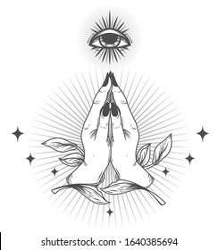 Poster hands in pray and shinig eye, symbol of faith and self-knowledge, can be used for  Christianity, vector illustration