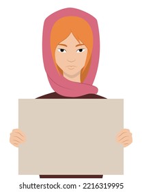 Poster in the hands of a woman. Iran protests. Freedom. Stop violence. Pink Hijab.