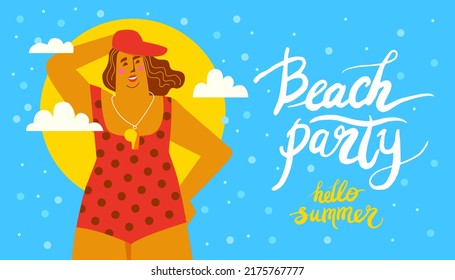 poster with handwritten lettering beach party, hello summer with bodypositive girl in red swimsuit and cap