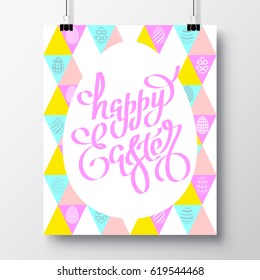 Poster with a handwritten phrase of happy easter and seamless pattern with eggs. Vector illustration for wallpaper, flyers, invitation, posters, brochure, greeting card, banner.