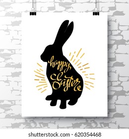 Poster with a handwritten phrase-happy easter on the black silhouette rabbit against a brick wall background. Vector illustration for wallpaper, flyers, invitation, posters, brochure, greeting card.
