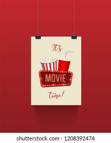 Póster colgando en Clips de papel con cesta de maíz pop, taza de cola y cartel de película sobre fondo rojo. Vector cine Anuncio Plantilla