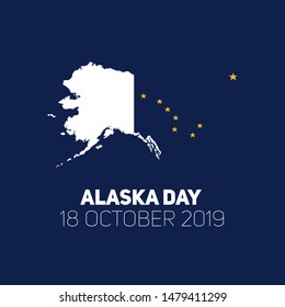 Poster for Happy Alaska Day. October 18, 2019. The contour of the border of Alaska with north polar star. Yellow map of the U.S. state.  Square shaped postcard. Flat modern style.