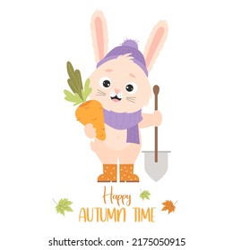 Poster Happy autumn time. Cute rabbit in rubber boots with carrot and garden tool with shovel. Vector illustration with farmer for kids collection, cards, design and decoration of farm harvest themes