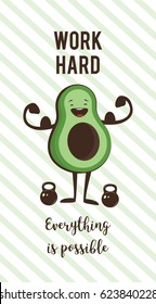 poster of happy avocado exercise at a gym. Healthy lifestyle motivation poster. vector illustration