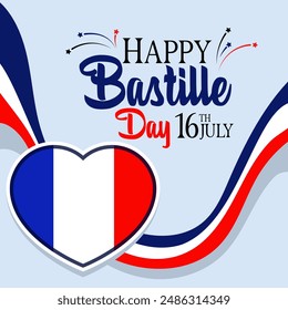 Poster happy Bastille day france greetings Celebration Eiffel Tower in colors of French flag icon for background, banner, card. Eiffel Tower with fireworks. French National Day. July 14 every year