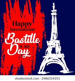 Poster happy Bastille day france greetings Celebration Eiffel Tower in colors of French flag icon for background, banner, card. Eiffel Tower with fireworks. French National Day. July 14 every year