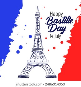 Poster happy Bastille day france greetings Celebration Eiffel Tower in colors of French flag icon for background, banner, card. Eiffel Tower with fireworks. French National Day. July 14 every year