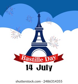 Poster happy Bastille day france greetings Celebration Eiffel Tower in colors of French flag icon for background, banner, card. Eiffel Tower with fireworks. French National Day. July 14 every year