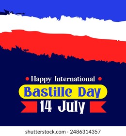 Poster happy Bastille day france greetings Celebration Eiffel Tower in colors of French flag icon for background, banner, card. Eiffel Tower with fireworks. French National Day. July 14 every year