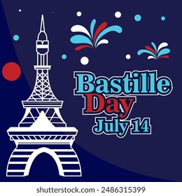 Poster happy Bastille day france greetings Celebration Eiffel Tower in colors of French flag icon for background, banner, card. Eiffel Tower with fireworks. French National Day. July 14 every year