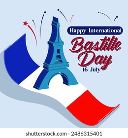 Poster happy Bastille day france greetings Celebration Eiffel Tower in colors of French flag icon for background, banner, card. Eiffel Tower with fireworks. French National Day. July 14 every year