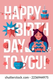 Poster - happy birthday! A composition with congratulations, a nice girl, a gift, stickers.