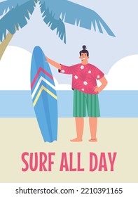 Poster With Happy Boy Standing With Surfboard On Beach Flat Style, Vector Illustration. Surf All Day Text, Active Leisure, Ocean Holiday. Recreation And Sport, Hobby