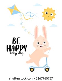 Poster with happy bunny with on scooter with kite and funny sun Vector card with cute rabbit character and phrase Be happy every day. Illustration for postcards, design, decor, print, flyers.