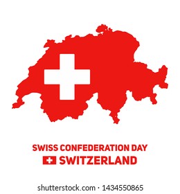 Poster for Happy Confederation Day of Switzerland. August 1, 2019. The contour of the border of Swiss. Red map of the country.  Confoederatio Helvetica 