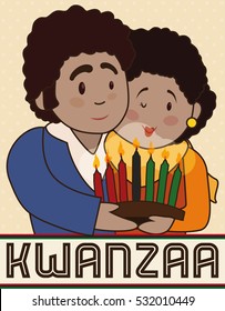 Poster with happy couple celebrating Kwanzaa holding a traditional candlelight with seven candles for the Principles of African Heritage.