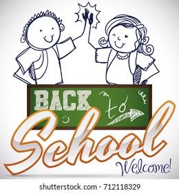 Poster with happy couple of friends celebrating the Back to School season clapping hands in doodle style, behind a chalkboard with greeting message.