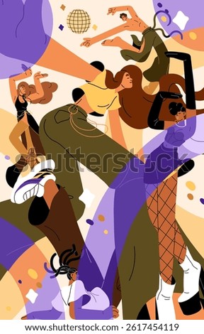 Poster with happy dancers in light of disco ball. Fashion people dance, move by trendy music in nightclub. Crowd of youth, teenagers has fun at the party in night club. Flat vector illustration