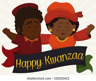 Poster with happy dark-skinned couple hugging and greeting each other in Kwanzaa behind a ribbon with traditional colors of this holiday.