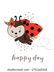 Poster Happy Day With Ladybug - Vector Illustration, Eps