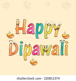 Poster of Happy Deepawali text in childish style with illuminated  lit lamps, funny faces and crackers. 