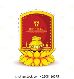 poster of Happy Dhanteras with Gold coin in pot with Golden kalash and golden lotus.