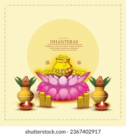 poster of Happy Dhanteras with Gold coin in pot with Golden kalash and godess  lakshmi photo illustration.