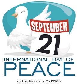 Poster with a happy dove over sign and loose-leaf calendar reminding you International Day of Peace in September 21.