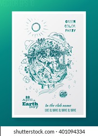 poster - Happy Earth Day, art illustration, turquoise on a white background. Greenpeace party. green. isolated vector