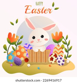 A poster for happy easter with a bunny in a basket with eggs, flower and grass.